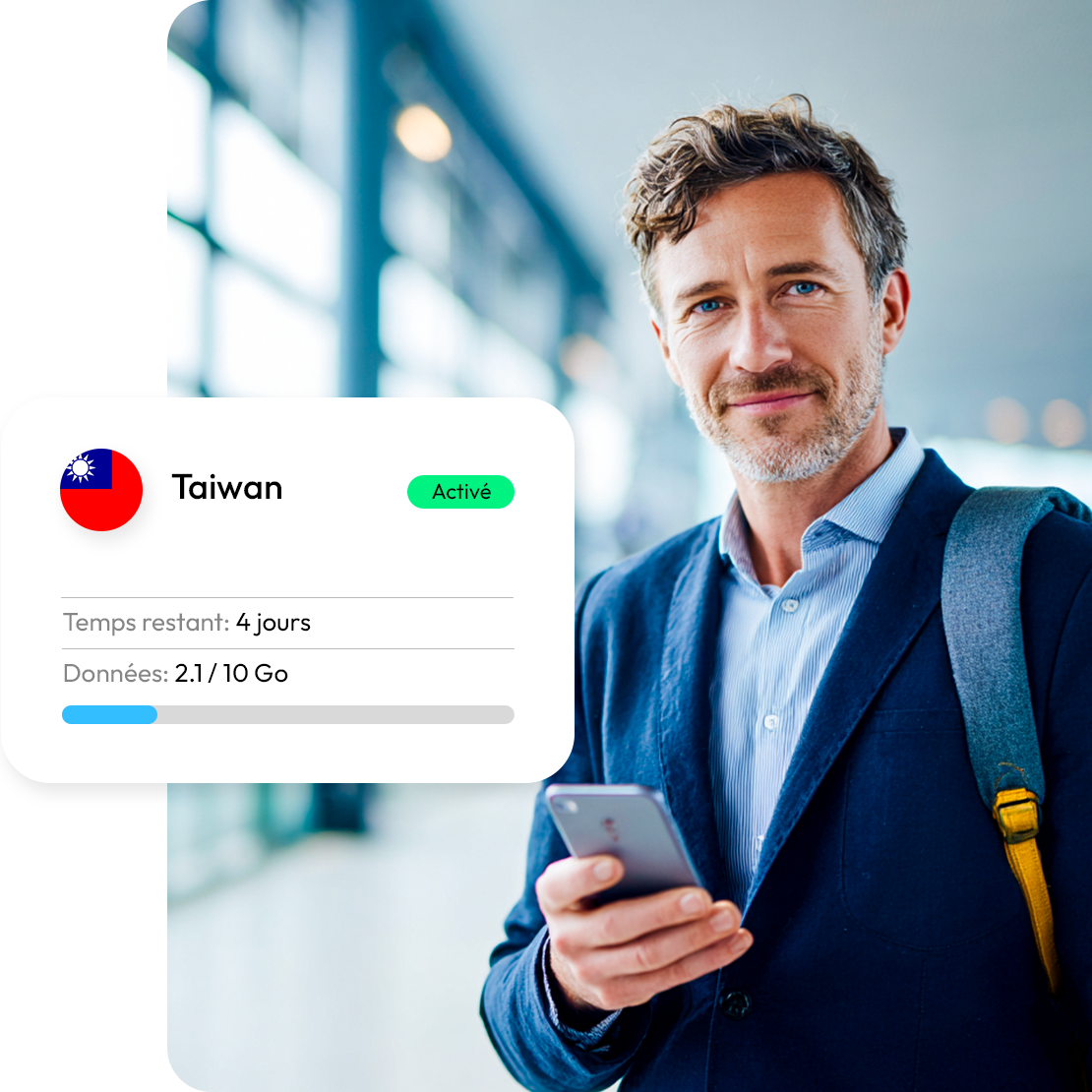 Professionnel utilisant un smartphone avec eSIM simyousoon pour voyages d'affaires