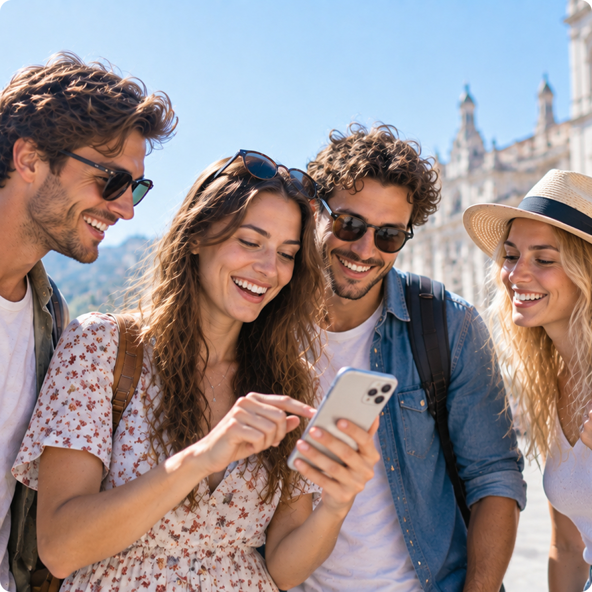 Gruppe von Freunden auf Reisen schaut gemeinsam auf ein Smartphone-Display