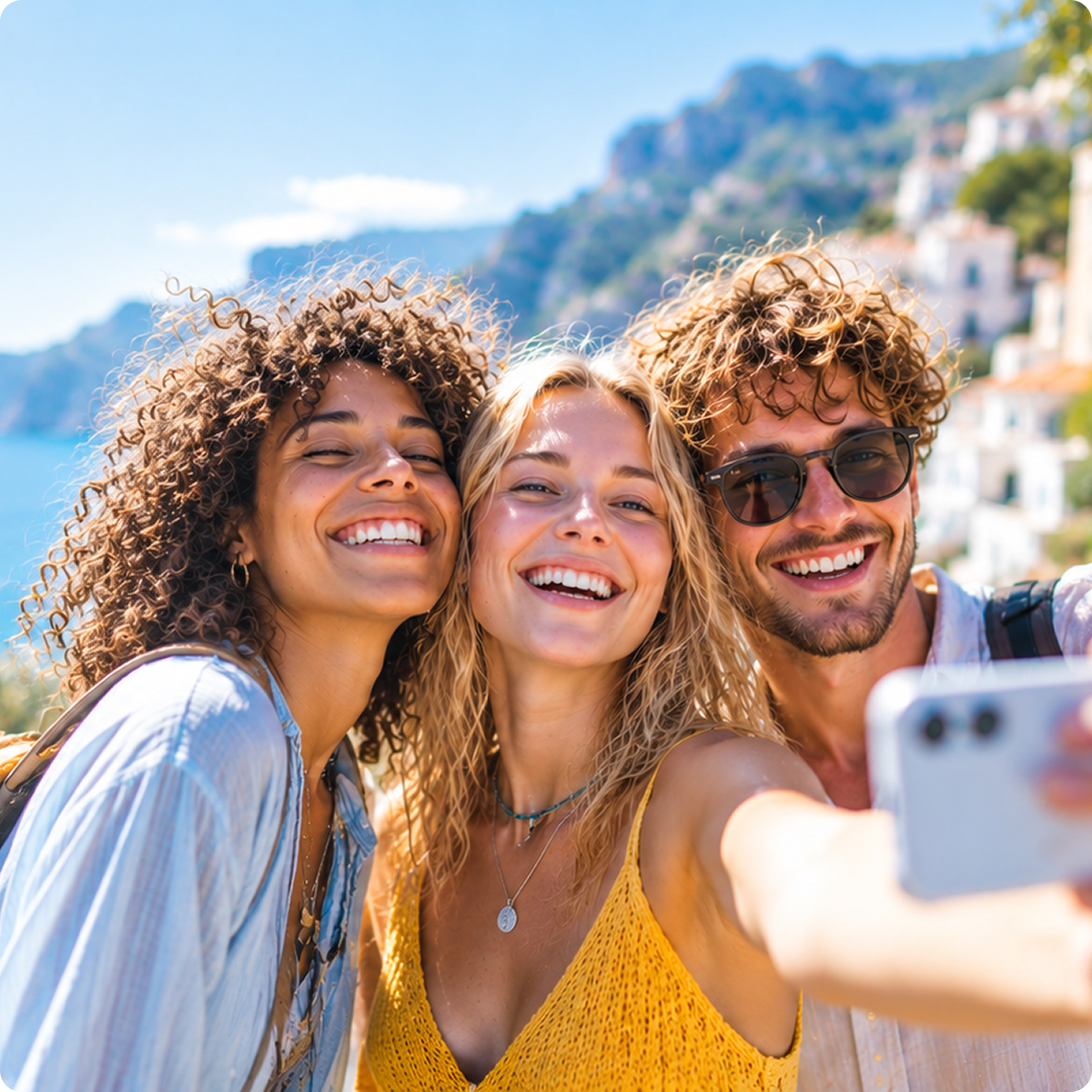 Drei Freunde auf Reisen machen ein Selfie mit dem Smartphone